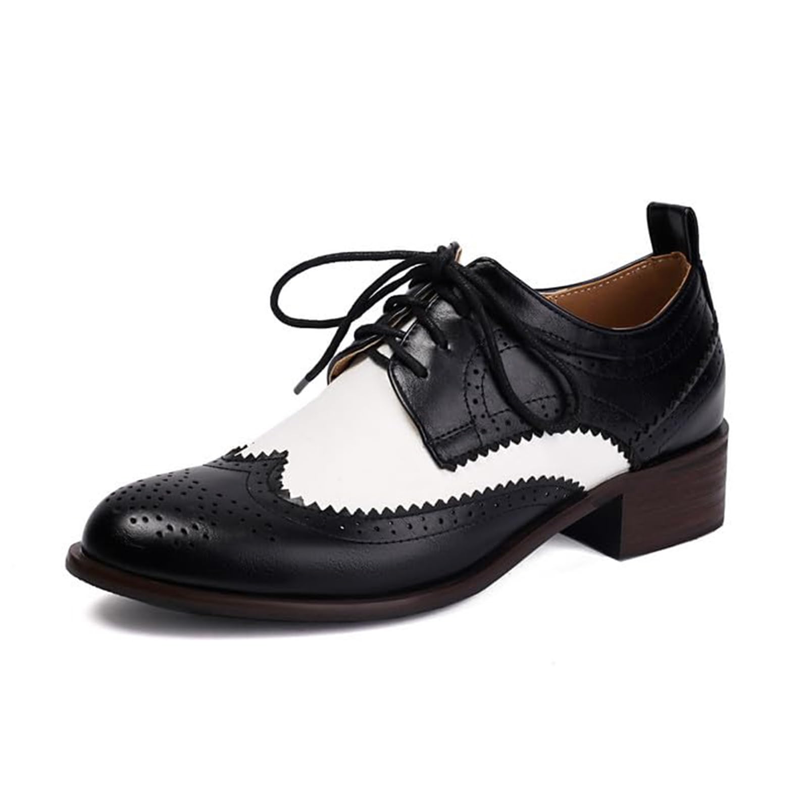 Seborluys Womens Wingtip Oxford Shoes Lace up Chunky Low Heels Vintage Brogues Saddle Shoes