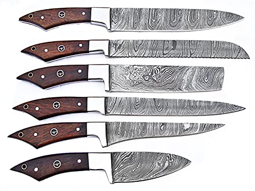HotSteel 6er Damastmesser-Set mit Klingenlänge von 11 cm bis 20 cm Küchenmesserset mit handgenähte Ledertasche (Messergriff Braun) Cover