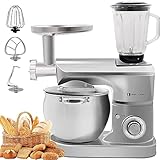 Küchenmaschine 2200W UniversalKüchenmaschinen 3-in-1 Küchenmaschine mit Fleischwolf und Mixer Knetmaschine 8.5L Schüssel 1.5L Saftpresse 8-Teiligem Patisserie-Set Teigknetmaschine (3 in 1 Silber)