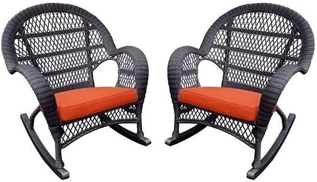 Jeco Wicker Rocker Chair with Orange Cushion, Set of 2, Espresso