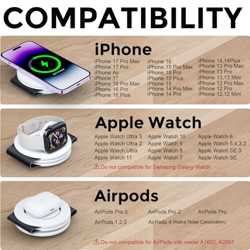 Image of Hicober 3 in 1 Charging Station for Apple Multiple Devices, Foldable Travel Wireless Charger 18W for iPhone Air 17 16 15 14 13 Pro Max Plus &Apple Watch Series /Airpods Black&White