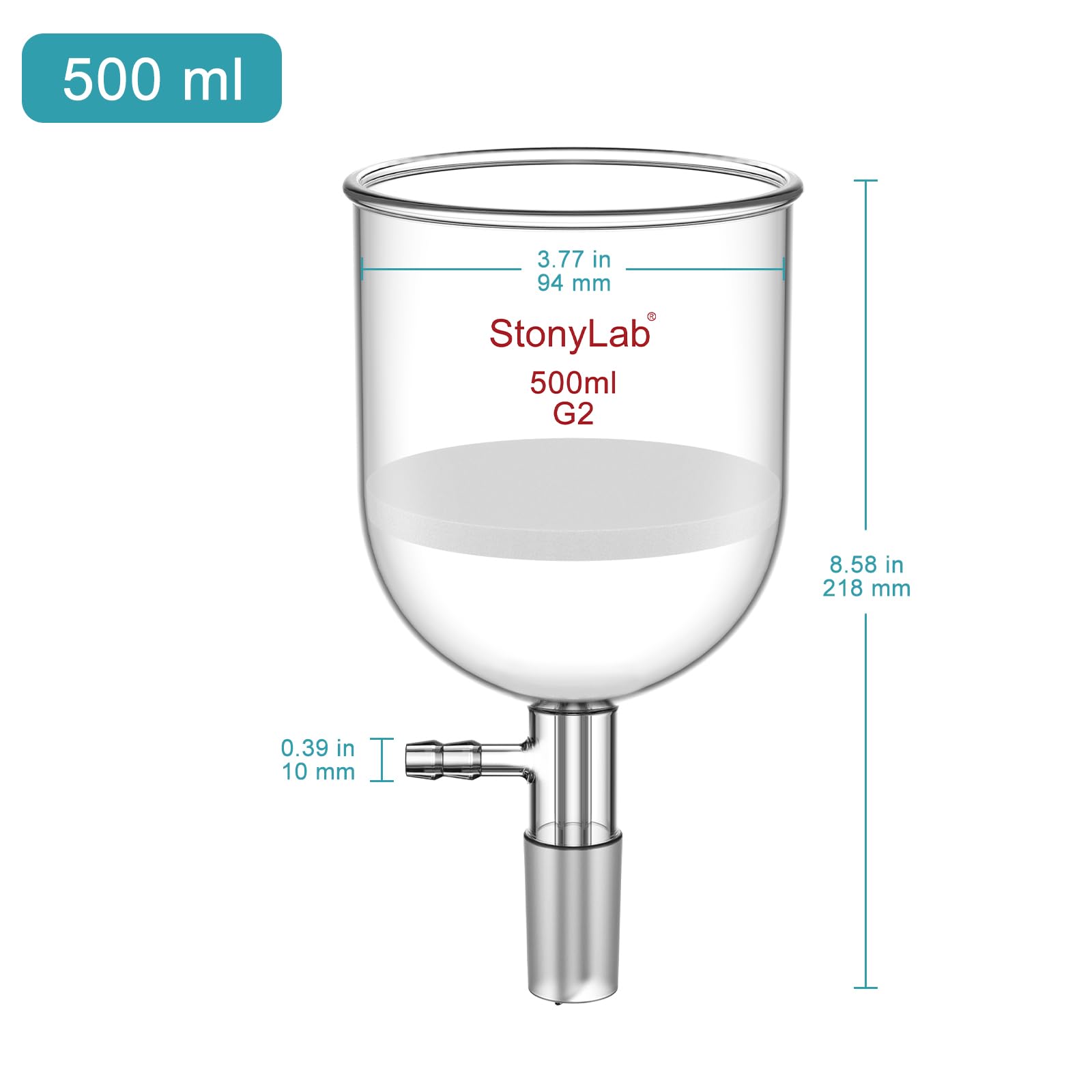 StonyLab Glas Buchner Trichter Filter, Borosilikatglas Vakuum Buchner Filtertrichter 500ml mit Mittlerer Fritte(G2), 94mm Scheibendurchmesser, 100mm Tiefe, mit 24/40 Standard-Taper-Innengelenk