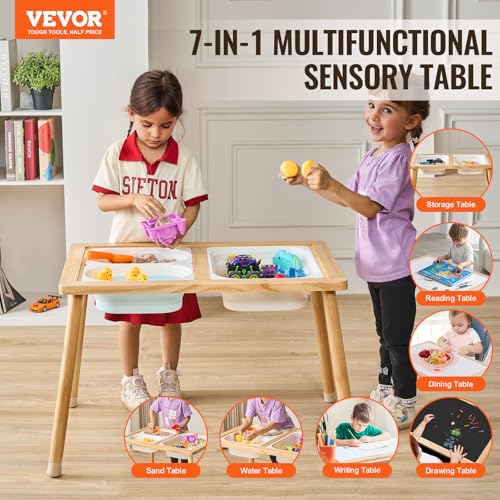 Image of VEVOR Sensory Table for Toddlers, Kids Activity with 3 Foldable Storage Bins & Double-Sided Board, Indoor /Outdoor Play Sand and Water Table, Wooden Kids Sensory for Drawing Studying