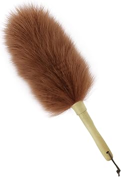 Lambswool Duster 14 Length Solid Wooden Handle Leather Hang Strap for Cleaning Ceiling Fans Window Blinds Computer Furniture Figurines TV Natural Feather Duster,Brown