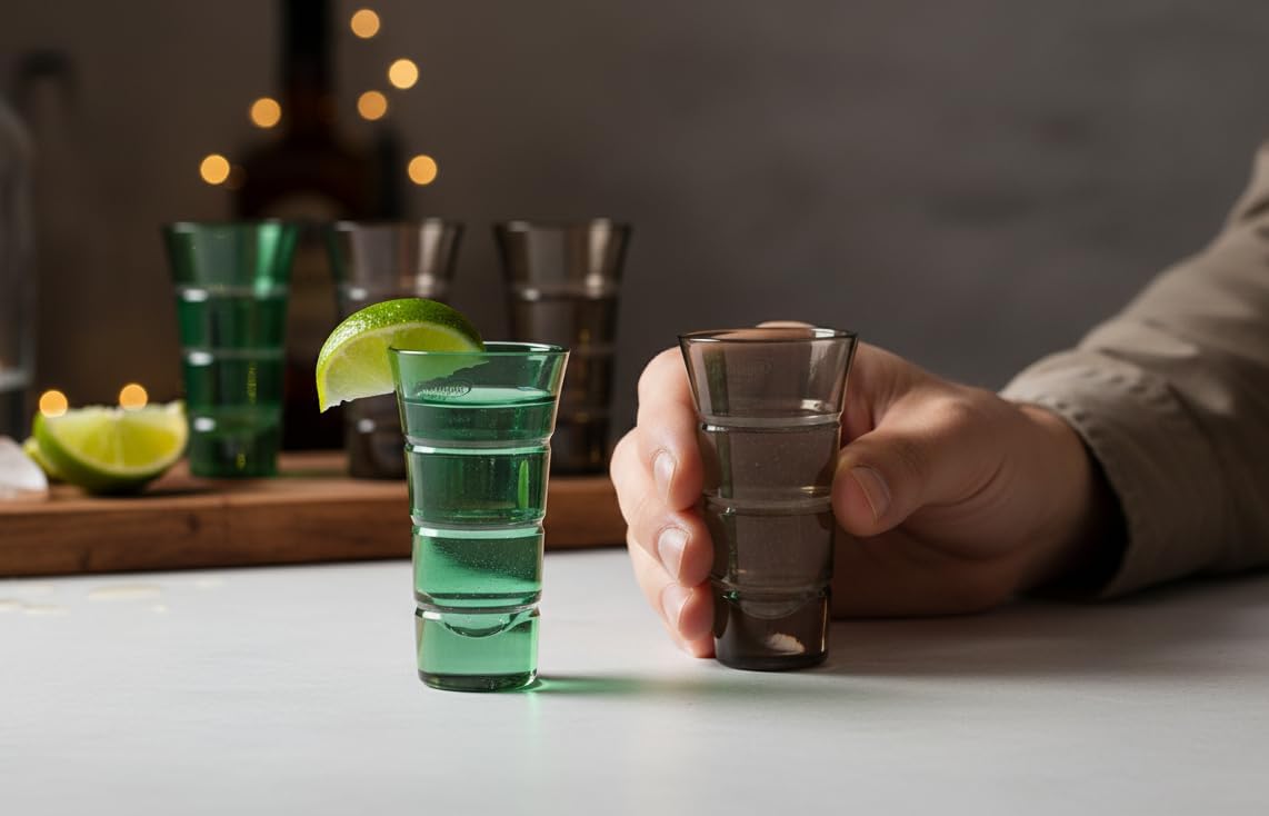 Deshoulières Green & Gray Shot Glass Set of 6 (2.9 oz) | Mouth-Blown Hand-Cut French Crystal Barware | Elegant Gift for Home Bar