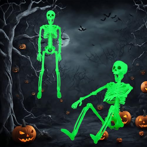 TEWWCEO Decoração de Halloween, 2 peças esqueleto de Halloween posável de 40 cm, ornamento de esqueleto fluorescente de terror com articulações móveis para decoração de festa de Halloween