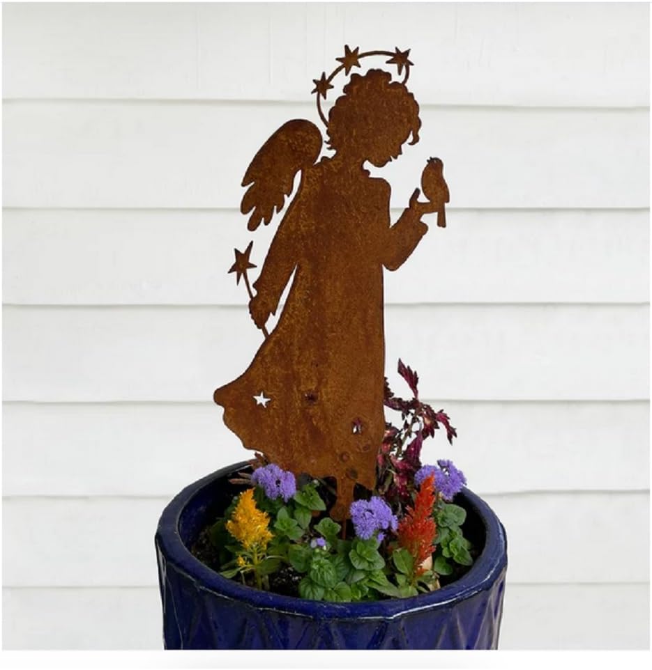 Roeda Songs of Joy Collection CR104 Eye of The Sparrow Angel with Bird 17" Rusty Patina Finish Metal Garden Stake