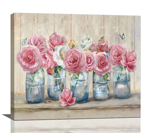 Taimeng Pink Rose Wall Art, Farmhouse Floral Pictures Wall Decor, Rustic Butterfly Canvas Print Painting Artwork for Bathroom Bedroom Living Room 24"x20"