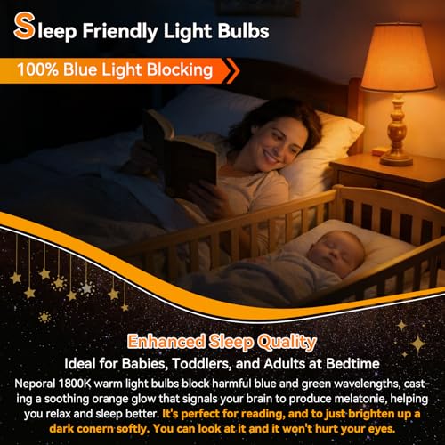 Image of Neporal A15 Amber LED Light Bulb 1800K, True Blue Light Blocking Sleep Aid Bulb for Bedroom Nursery, 7W Replacement for 40W, Soft Warm Glow to Protect Melatonin, E26 Base (2, Amber)