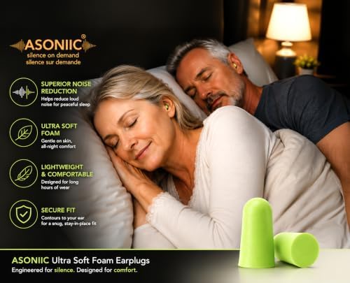 ASONIIC Foam Earplugs for Sleeping Noise Cancelling 38dB SNR, Ultra Soft Ear Plugs for Snoring Travel Airplane & Study, 60 Pairs + 1 Bonus pair of swimming ear plugs, bouchons d'oreilles pour dormir (Green)