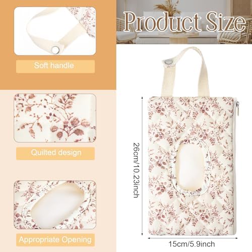 Cosblank 1 Pcs Quilted Diaper and Wipes Pouch Portable Hanging Floral Wet Wipe Bag Diaper Bag Reusable Wipes Pouch for for Stroller Car Travel Infant Diapering Organizer (Beige Floral)
