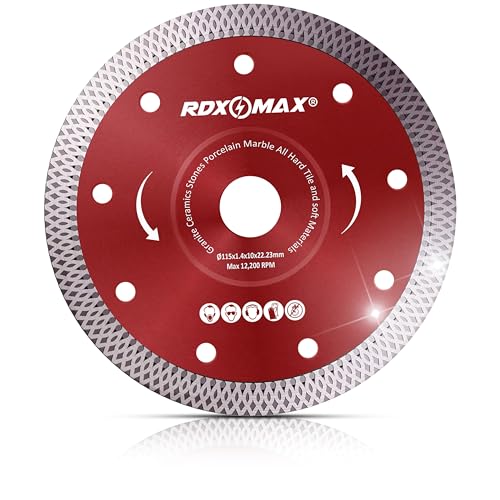 RDXMAX 115mm Diamond Cutting Discs for Angle Grinder - Super Thin Fast Clean Cut on Porcelain Granite Marble Concrete Tiles Stones Bricks & Ceramics- 4.5 Wheel - Size 115 x 1.4 x 22.23mm