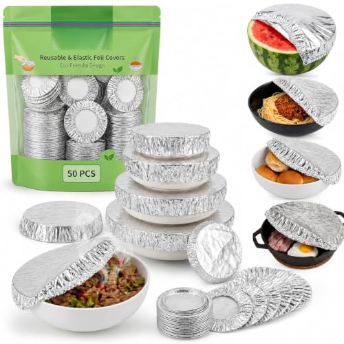 50/100Pcs Reusable Aluminum Foil Food Covers Elastic Stretch Design with Reusable Protection Bowl Covers for Bowls Plates Pots & Containers Ideal for Kitchen Use Picnics & Food Storage (50Pcs)
