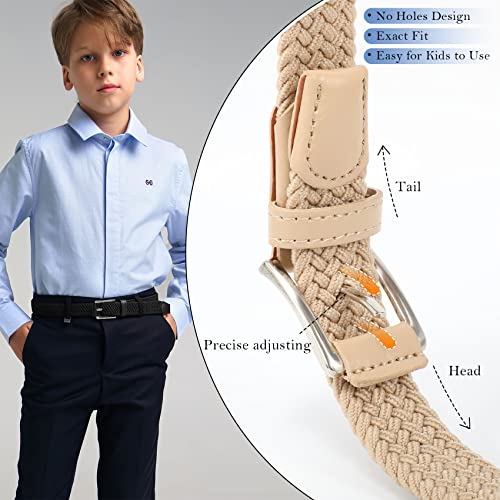 Whippy Kids Braided Stretch Elastic Belt Pin Buckle Leather Loop End Tip Woven Belt For Boys Girls,Beige #TOP1
