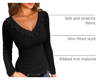 VICHYIE Womens Long Sleeve Shirts V Neck Ruffle Hem Slim Fitted Ribbed Knit Trendy Tee Tight Tops