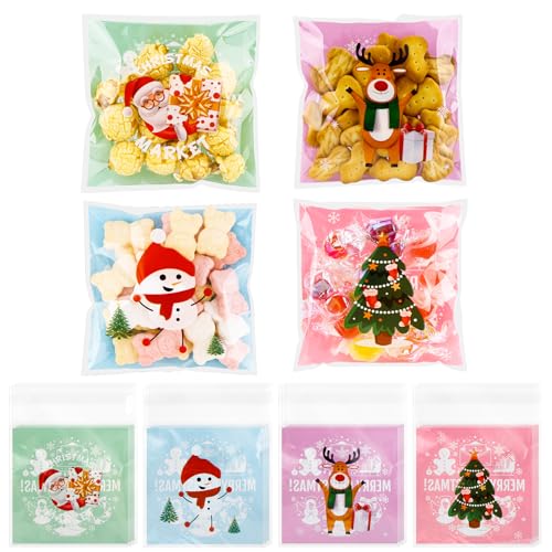 100 PCS Christmas Self Sealing Cellophane Bags for Cookie Snack