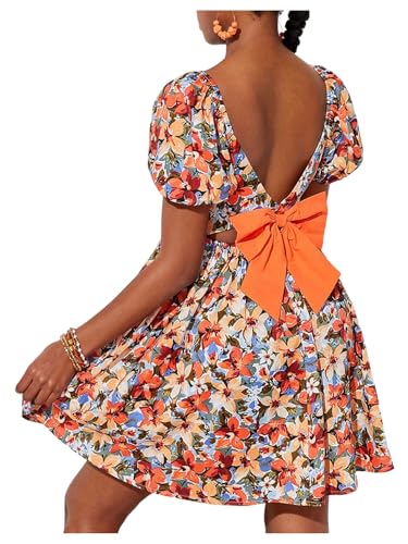 Floerns Girl's Floral Bow Backless Flowy Dress Square Neck Puff Sleeve Short Dresses