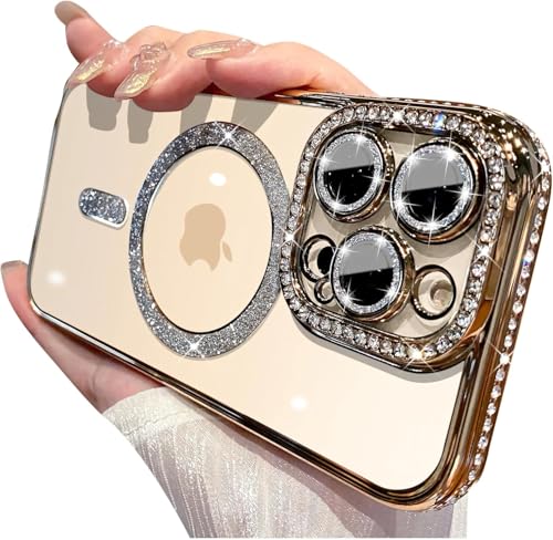 TWIKKA Case Compatible with iPhone 15 Pro Max, Cute Soft Clear Rhinestone Diamond Glitter Cover Women & Girls Compatible with MagSaf Camera Lens Protection Cases for iPhone 15 Pro Max (Gold)