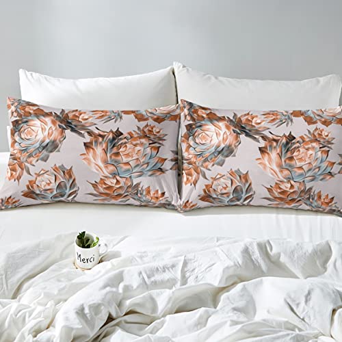 Erosebridal Cactus Bed Sets Succulent Plants Bedding Set Leaves Duvet Cover Queen Hand Drawn Style Bed Sets Orange Grey Floral Quilt Cover With 2 Pillow Cases For Boys Girls Room Decor #TOP4