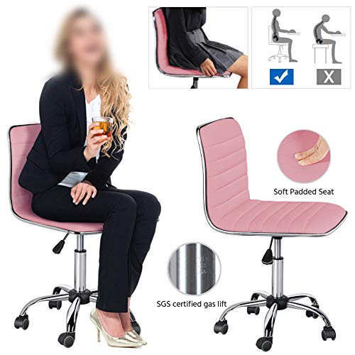 Yaheetech Pink Low Back Pu Leather Ribbed Armless Office Chair, Ergonomic Swivel Task Chair With Wheels For Women #TOP6