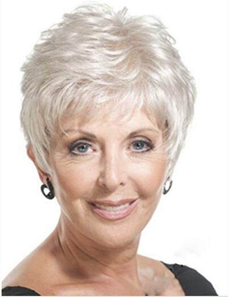 Mother's Wig Short Straight Wig Synthetic Fiber for Women Cosplay Party Daily Use,White