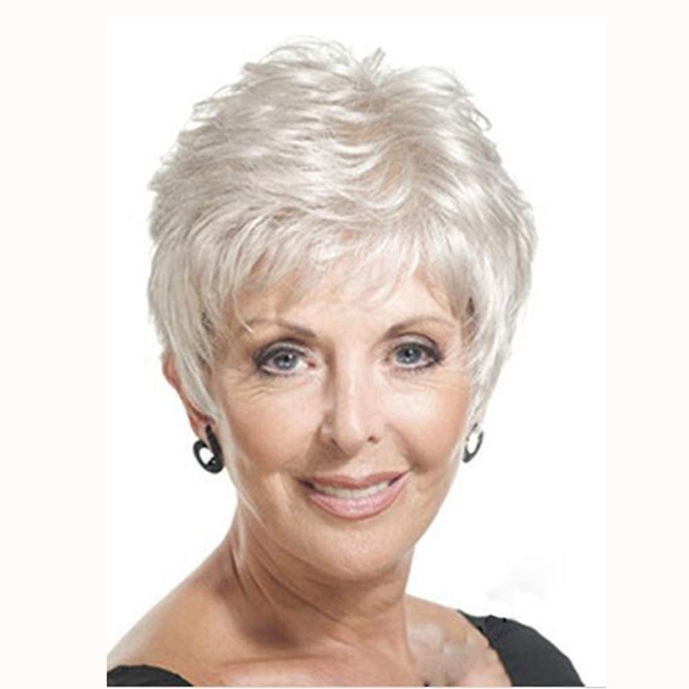 Mother's Wig Short Straight Wig Synthetic Fiber for Women Cosplay Party Daily Use,White