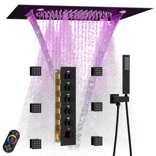 Sistema de ducha termostática de cuerpo entero Enga con LED y jets corporales, cabezal de 20 pulgadas con 3 funciones (lluvia, niebla, cascada), juego de grifería de ducha de lujo en negro mate miniatura 1