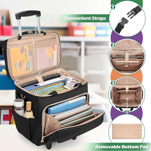 Image of LUXJA Rolling Teacher Bag with Wheels and 15.6 inch Laptop Compartment, Black | Rolling Briefcase for Women with Accordion File Area, Teacher Tote Bag for Work with Detachable Dolly and Shoulder Strap