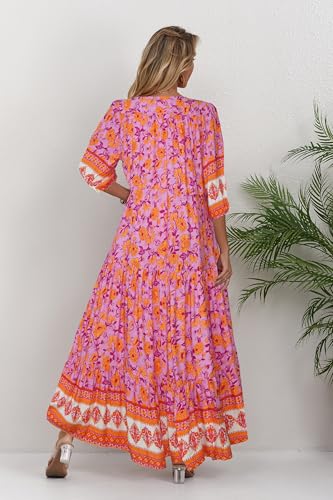 Image of Women Short Sleeve V Neck Floral Print Casual Bohemian Maxi Dresses