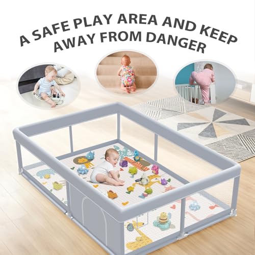 Image of XVISHX Baby Playpen with Mat, 65 x 50 Inch Play Pen Playards, Playpen for Babies and Toddlers, Baby Playard for Indoor & Outdoor Active Center Game Fence, Skin-Friendly Fabric and Soft Breathable Mesh