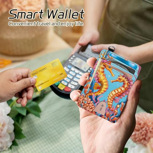 Image of Small Travel Wallets, Seahorse Slim Minimalist Front Pocket Wallet with Wristlet, RFID Blocking PU Leather Credit Card Holder with ID Window Change Purse for Men Women
