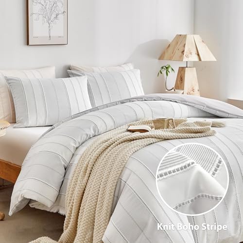 WARMDERN Striped Duvet Cover Lightgrey King, Lightgrey with White Striped Weave Pattern Bedding, Microfiber Soft Textured Duvet Cover Set with Zipper Closure and Corner Ties (Lightgrey, King) - 1