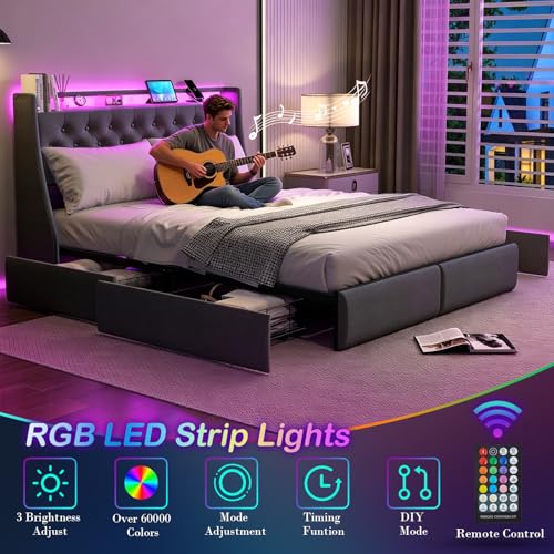 Image of Queen Size Bed Frame with 4 Storage Drawers and LED Lights, Queen Bed Frame with Upholstered Headboard and Charging Station, Steel Slat Support, No Box Spring Needed, Noise-Free, Easy Assembly, Gray