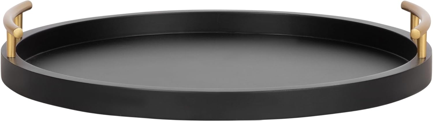 Kate and Laurel Halsey Decorative Wooden Round Tray with Polished Metal Handles, 16 Inch Diameter, Black and Gold, Modern Glam Wood Circle Serving Tray for Use as Ottoman or Coffee Table Decor
