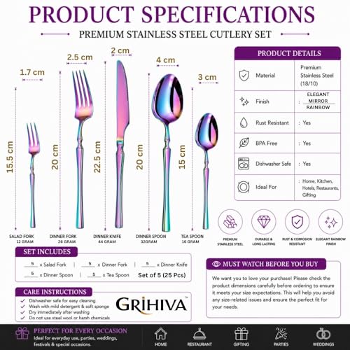 Image of 25 Pcs Rainbow Cutlery Set for Dining Table the Perfect Lightweight Silim Handle Tableware Including Dinner Spoon, Dinner Fork, Dinner Knife, Dessert Spoon & Dessert Fork