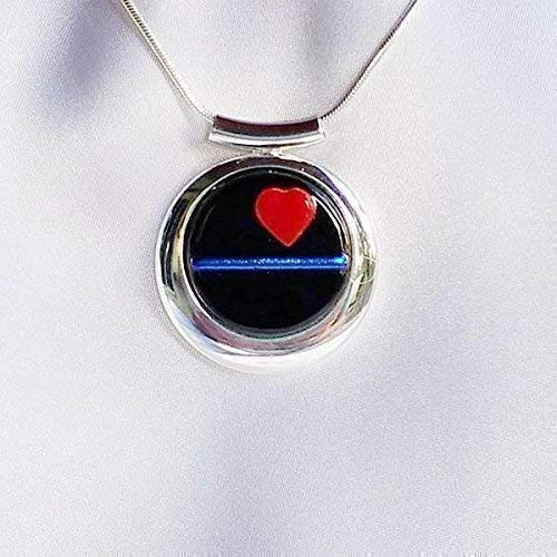 THIN BLUE LINE Police Ladies Love Jewelry Pendant Necklace Red Heart Fused  Glass Silver Plated
