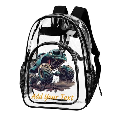 MoBlinko Personalized Clear Backpack School Backpack Heavy Duty PVC Monster Truck Custom Name Large Transparent Backpack Bag DIY See through Backpack for Gifts2