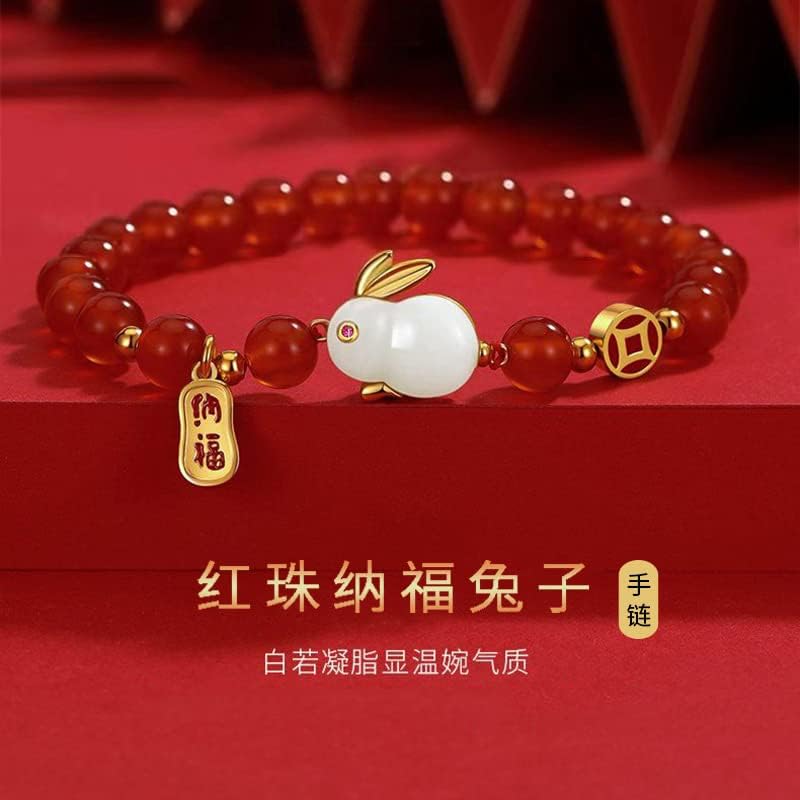 COLORFUL BLING Lucky 2023 New Year of The Rabbit Natural Stone Strand Stretch Bracelet Handmade Crystal Jade Healing Chinese Zodiac Good Luck Amule Animal Bunny for Women Men New Year Jewelry-A - Image 3