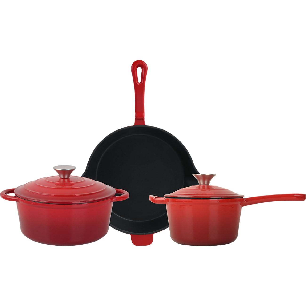 Gusseisen Topfset 3-teilig emailliert - Set aus Pfanne Kochtopf & Stielkasserolle - Für Induktion & Backofen - Profi Kochgeschirr Set - Langlebig & Robust - Alle Herdarten