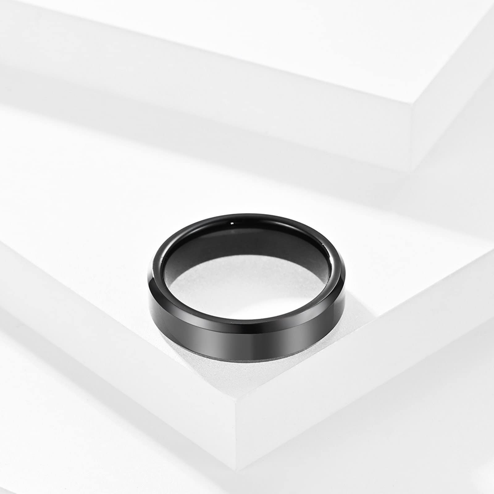 Anillo Carburo de Tungsteno Mujer, Alianzas Boda 2 Piezas Borde Biselado de Anillo Negro de 6mm y 8mm para El Día de San Valentín