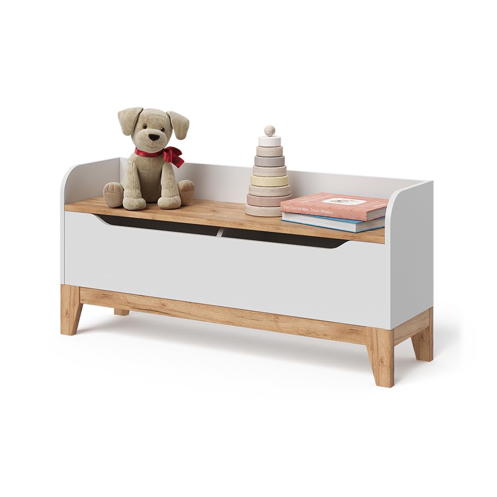 VitaliSpa Cassapanca per giocattoli Malia, Bianco/Artisan, 107.2 x 50 cm con sedile, con spazio contenitivo e combinabile con altri mobili Malia