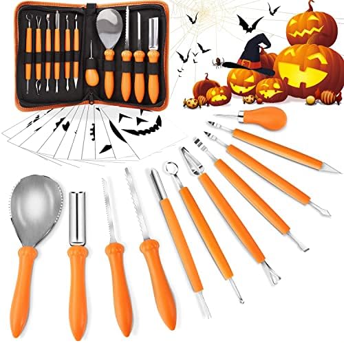 Alintor Kürbis Schnitzset, 11 Stück Schnitzwerkzeug Kürbis, Kastanienbohrer Kinder, Kürbis Schnitzset Kinder, Halloween Schnitzen Set (10 Vorlagen)