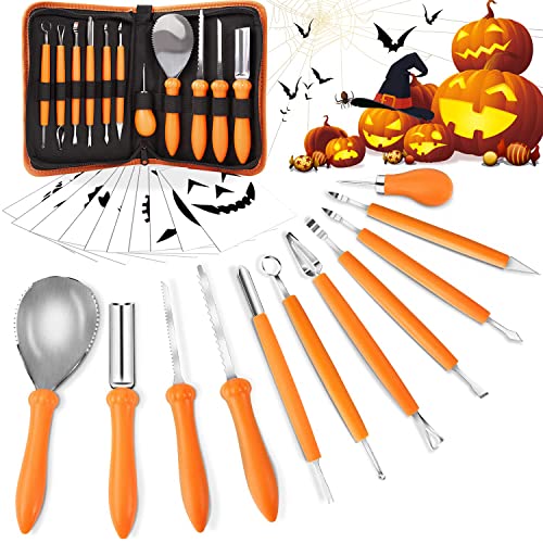 Bild von Kürbis Schnitzset, 11 Stück Schnitzwerkzeug Kürbis, Kastanienbohrer Kinder, Kürbis Schnitzset Kinder, Halloween Schnitzen Set (10 Vorlagen)