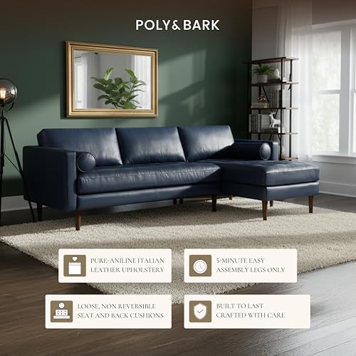 Image of Poly & BARK Napa Right-Facing Sectional Sofa - 104.5 inch Italian Leather Sectional with Chaise - Midnight Blue - Full-Grain Pure-Aniline & Semi-Aniline Upholstery