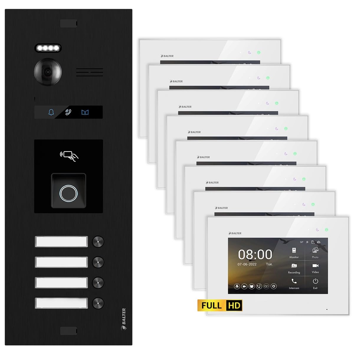 Nonic Balter EVO HD Schwarz/Weiß Video Türsprechanlage mit Fingerprint Set für 4 Familienhaus (1x Türstation mit Full HD-Kamera, 8X 7 Zoll Monitor, 2-Draht Bus, RFID, 175° Weitwinkel)