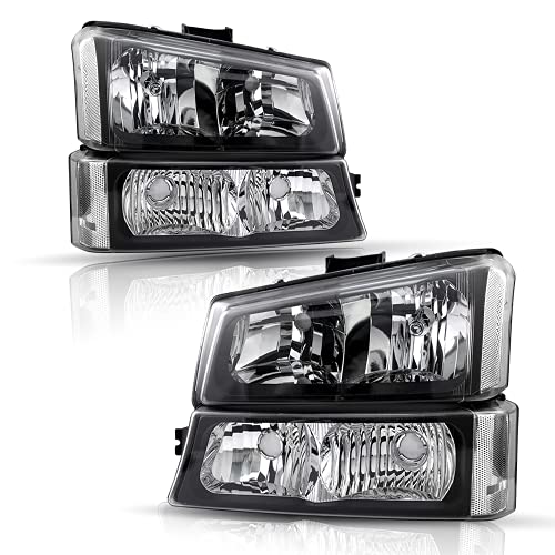 BRYGHT Headlight Assembly with Bumper Lights 4pcs Fit for 2003-2006 Chevy Avalanche 1500 2500 / 2003-2007 Silverado 1500 2500 HD 3500 Passenger and Driver Side, Black Housing & Clear Reflector