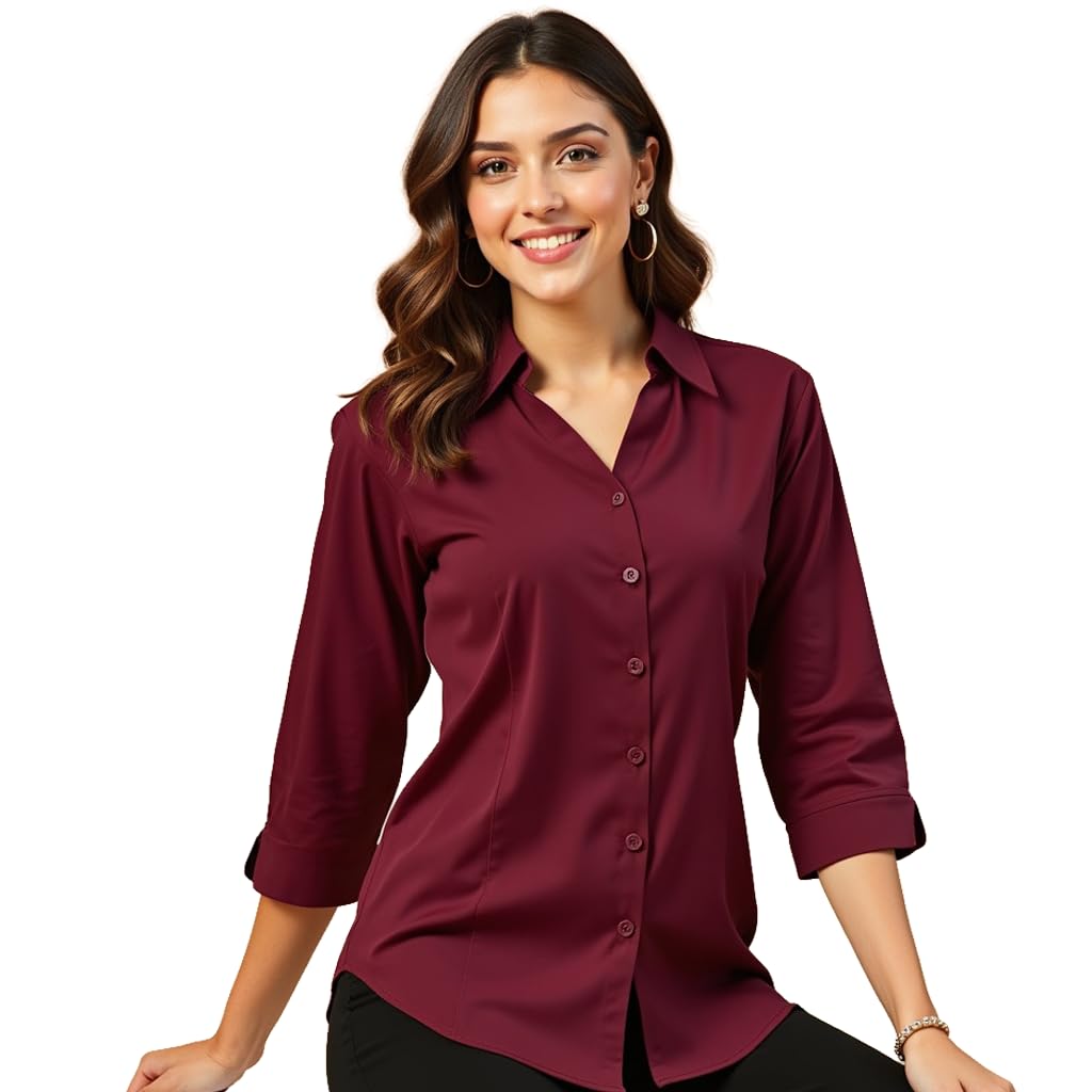 kaarchop Women's White Button-Down Versatile Shirt, 3/4 Sleeve-picture-51