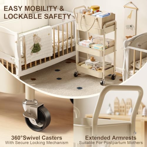 Image of Baby Diaper Caddy Organizer Cart with Detachable Dividers, 3 Tier Metal Bedside Storage Rolling Cart with Wheels for Nursery, Postpartum Cart and Organizers for Newborn Essentials & Supplies (Oatmeal)