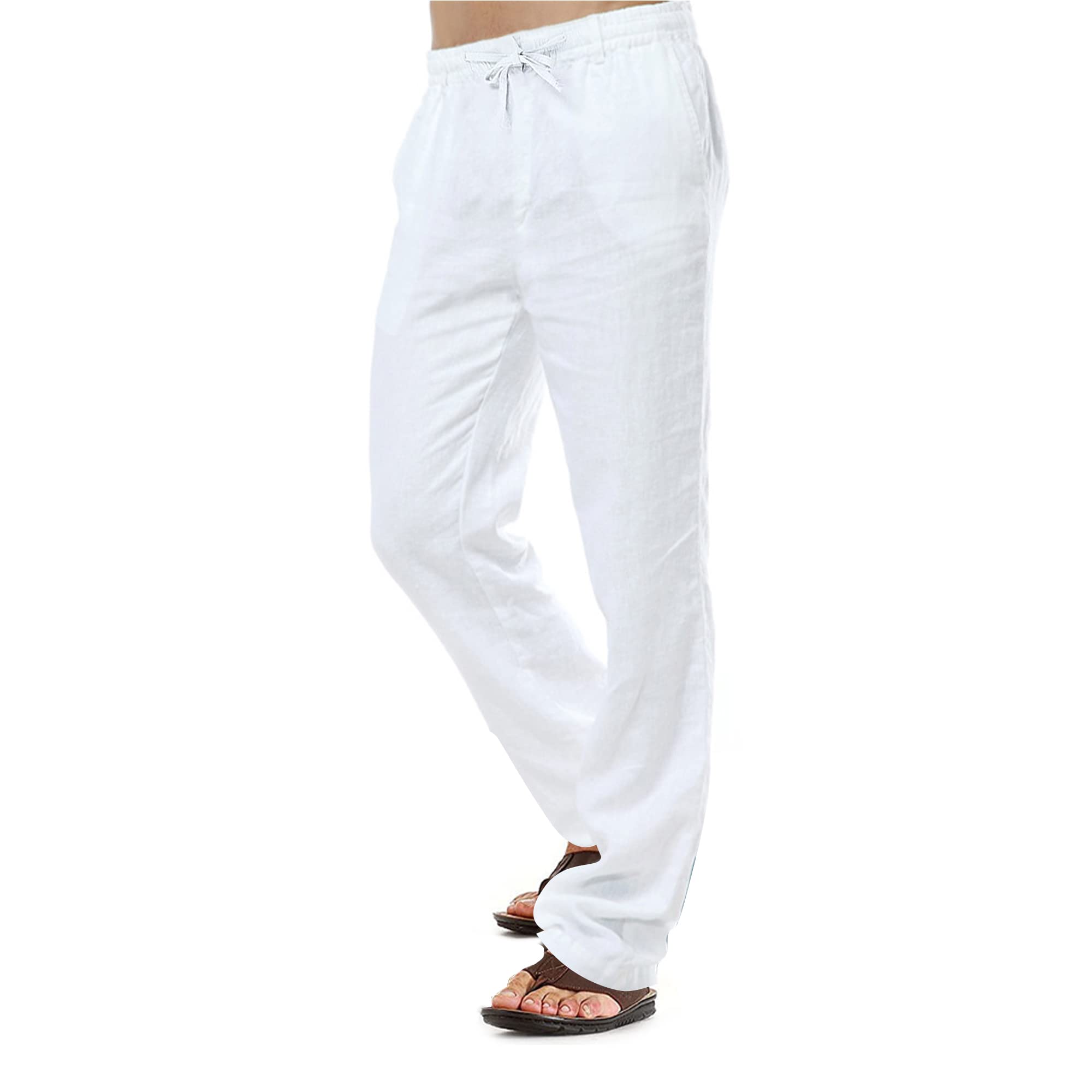 CTU Pantaloni di Lino da Uomo Pantaloni di Cotone Casual da Spiaggia Estivi Pantaloni Leggeri con Coulisse