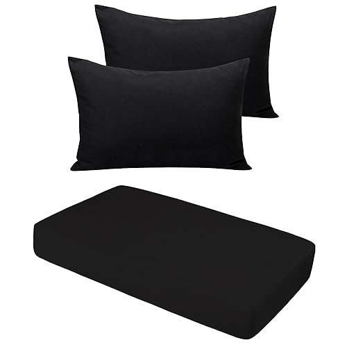 NTBAY Sábana bajera ajustable de microfibra para cuna (28 x 52 pulgadas) y funda de almohada con cierre de sobre (14 x 20 pulgadas), color negro